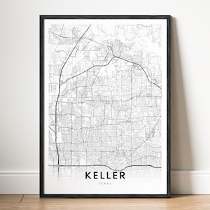May include: Black framed print of a detailed map of Keller, Texas. The map is in black and white, showing streets and geographical features. The city name and state are printed in a clean, modern font at the bottom of the print.