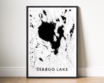 Sebago Lake Map Print Digital Download, Black and White Lake Poster, Minimalist Wall Art