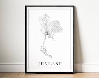 Impression de carte de la Thaïlande Affiche de carte de la Thaïlande à télécharger Carte de la Thaïlande Imprimable numérique Carte de la Thaïlande en noir et blanc Téléchargement instantané Impression de la Thaïlande