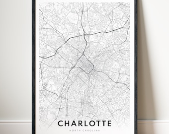Mapa Charlotte NC do druku cyfrowego Pobierz mapę Charlotte, Karolina Północna Plakat Charlotte do druku Mapa Charlotte w czerni i bieli
