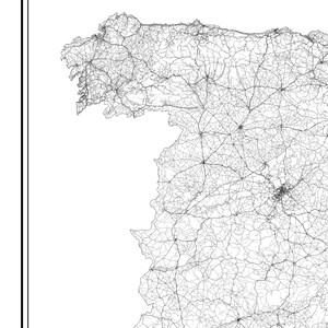 May include: A black and white line art map of a region with a dense network of roads and highways.
