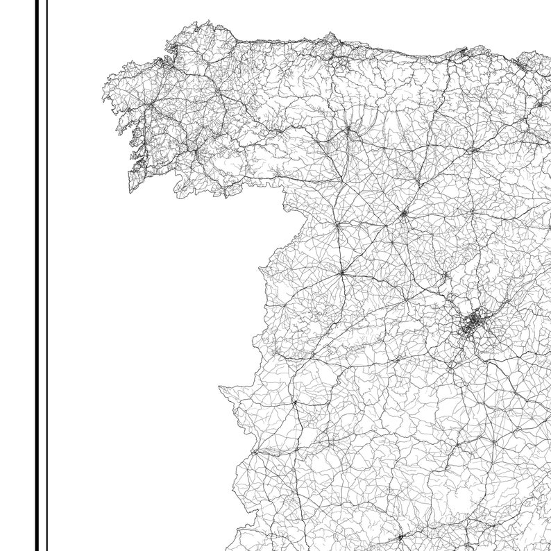 May include: A black and white line art map of a region with a dense network of roads and highways.