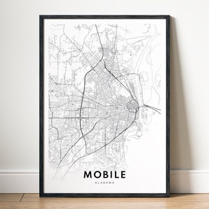 Impression mobile de carte Carte mobile de l'Alabama, affiche à télécharger, carte mobile imprimable, carte numérique mobile en noir et blanc, art mural, croquis mobile, impression de carte