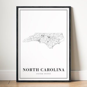 Download Karte des US Bundesstaates North Carolina Karte Druck North Carolina Poster Digitale Karte North Carolina Druckbares Poster North Carolina schwarz weiß Karte