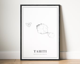 Impression de carte de Tahiti, téléchargement, affiche de la Polynésie française de Tahiti, carte numérique de Tahiti, carte noir et blanc imprimable, art mural, croquis de Tahiti, impression maison