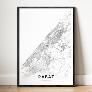 Impression de carte de Rabat, affiche de carte de Rabat du Maroc à télécharger, carte de Rabat imprimable, art mural numérique en noir et blanc, affiche d'art de carte de Rabat, croquis, Rabat