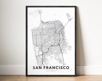 San Francisco-stadskaart poster digitale download San Francisco kaart afdrukbare San Francisco, Californië esthetische kaart zwart-wit print