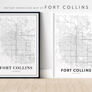 Sofortiger Download Fort Collins CO Karte Druck Fort Collins Poster Digitale Karte Fort Collins druckbare schwarzweiß-Karte Fort Collins CO Skizze