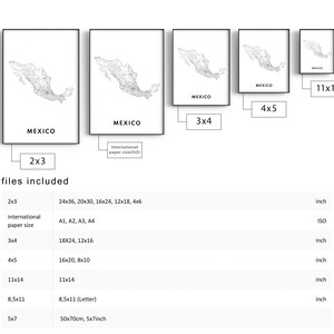 May include: A collection of framed art prints featuring a detailed map of Mexico in black and white. The word "MEXICO" is printed in a bold font below each map. Various sizes are displayed, including 2x3, 3x4, 4x5, and 11x14 inches.