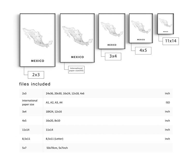 May include: A collection of framed art prints featuring a detailed map of Mexico in black and white. The word "MEXICO" is printed in a bold font below each map. Various sizes are displayed, including 2x3, 3x4, 4x5, and 11x14 inches.