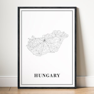 Hongarije wegenkaart afdrukken downloaden Hongarije kaart poster Hongarije afdrukbare kaart digitale Hongarije zwart-wit kaart kunst Hongarije schets kaart afdrukken
