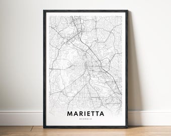 Mapa Marietty w Georgii, wydruk cyfrowy do pobrania, minimalistyczna mapa miasta, plakat do druku w czerni i bieli