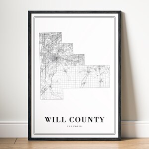 Mappa stampabile della contea di Will, Illinois, mappa poster, download digitale, mappa in bianco e nero della contea di Will, mappa stradale della contea di Will, arte estetica