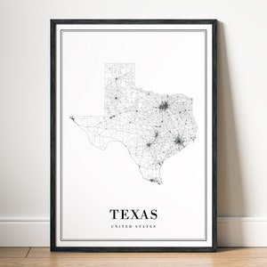 Texas State Map Print Instant Download Texas Map Poster Texas afdrukbare kaart Digitale Texas zwart-wit Texas kaart Home Print Texas Area