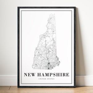 New Hampshire State kaart afdrukken New Hampshire Poster Instant Download kaart New Hampshire afdrukbare digitale New Hampshire zwart-wit kaart afdrukken