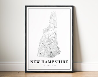 New Hampshire State Map Print New Hampshire Poster Instant Download Map New Hampshire Printable Digital New Hampshire Black And White Map