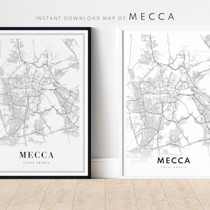 La Mecque carte impression carte La Mecque Arabie saoudite affiche téléchargement La Mecque carte imprimable numérique La Mecque carte noir et blanc art mural La Mecque croquis carte