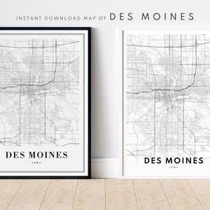 May include: Two black and white printable maps of Des Moines, Iowa. The maps are framed in black and white frames. The maps are on a white background.