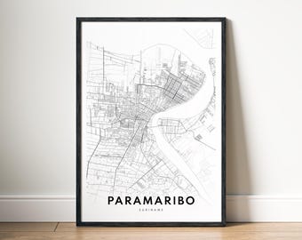 Paramaribo Suriname Map Print Digital Download, Black and White Poster, Minimalist City Map Wall Art