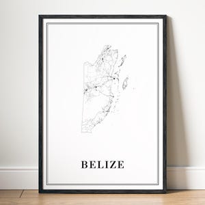 Impression de carte du Belize, affiche de carte du Belize à télécharger, carte imprimable du Belize, carte numérique du Belize en noir et blanc, art mural, croquis du Belize, affiche de carte