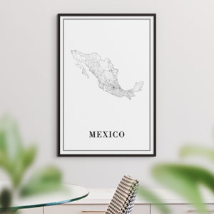 May include: A framed print featuring a detailed map of Mexico in black and white. The country's outline and internal roads are depicted with fine lines against a white background. The word "MEXICO" is centered below the map.