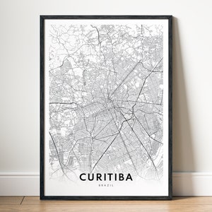 Impresión del mapa de Curitiba Póster del mapa de Curitiba, Brasil Descarga del mapa de Curitiba para imprimir Mapa digital en blanco y negro Arte de pared Póster con boceto de Curitiba