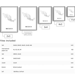 May include: Framed black and white map prints of Mexico in various sizes, including 2x3, 3x4, 4x5, and 11x14 inches. Each print features the word "MEXICO" at the bottom. The image also lists the file sizes available.