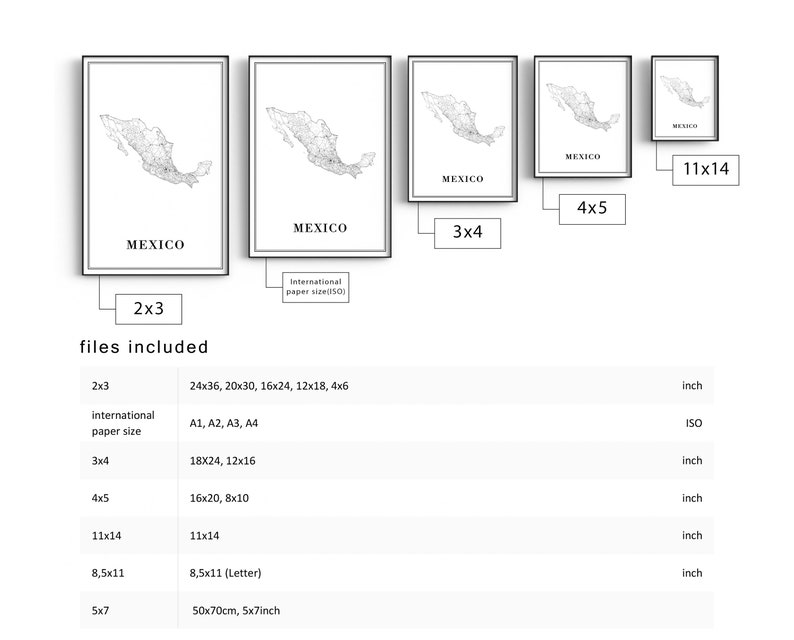 May include: Framed black and white map prints of Mexico in various sizes, including 2x3, 3x4, 4x5, and 11x14 inches. Each print features the word "MEXICO" at the bottom. The image also lists the file sizes available.