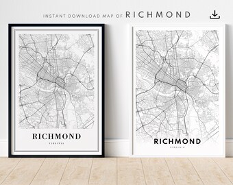 Richmond Map Print Download Richmond Map Poster Richmond Printable Map Digital Richmond Black And White Map Art Richmond Sketch Home Print