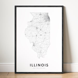 Carte imprimable de l'Illinois en téléchargement numérique, carte de l'état de l'Illinois, affiche carte en noir et blanc de l'Illinois, affiche esthétique Otline de l'Illinois, carte de l'Illinois