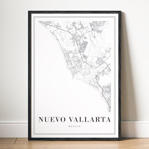 Könnte beinhalten: Schwarz-weiß-Kartenabdruck von Nuevo Vallarta, Mexiko, in einem schwarzen Rahmen.