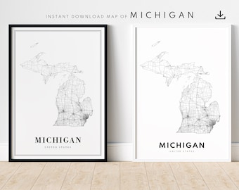 Michigan State Map Print Download Michigan Map Poster Michigan Printable Map Digital Michigan Black And White Michigan Map Home Print