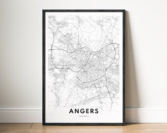 Angers Map Print Digital Download, Black and White Printable Poster, Minimalist City Map Wall Art
