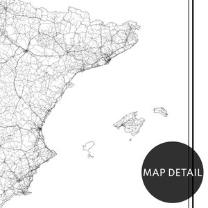 May include: A black and white line art map of Spain, showing the roads and highways throughout the country. The map includes the Balearic Islands and the Canary Islands. The text "MAP DETAIL" is in a circle in the lower right corner of the image.