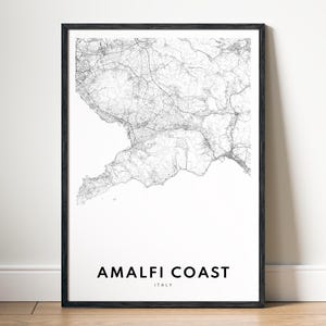 Impression de carte de la côte amalfitaine, affiche de carte de la côte amalfitaine en Italie, carte côtière imprimable, téléchargement numérique région d'Amalfi noir et blanc, croquis côtier