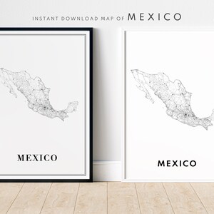 May include: Two framed prints of a detailed map of Mexico. The map is a black and white line drawing, showing roads and cities. The word "MEXICO" is printed in a simple font below the map. The top of the image reads "INSTANT DOWNLOAD MAP OF MEXICO".