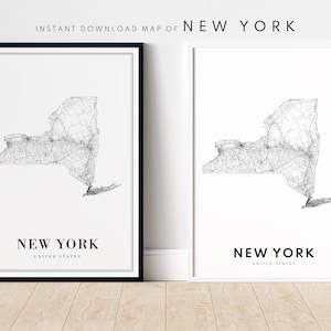 Impression de carte de l’État de New York Télécharger Affiche de carte de New York Carte imprimable de New York Numérique New York Noir et blanc Impression de croquis de carte de New York