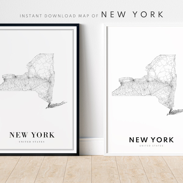 New York State Map Print Download New York Map Poster New York Printable Map Digital New York Black And White New York Map Sketch Print
