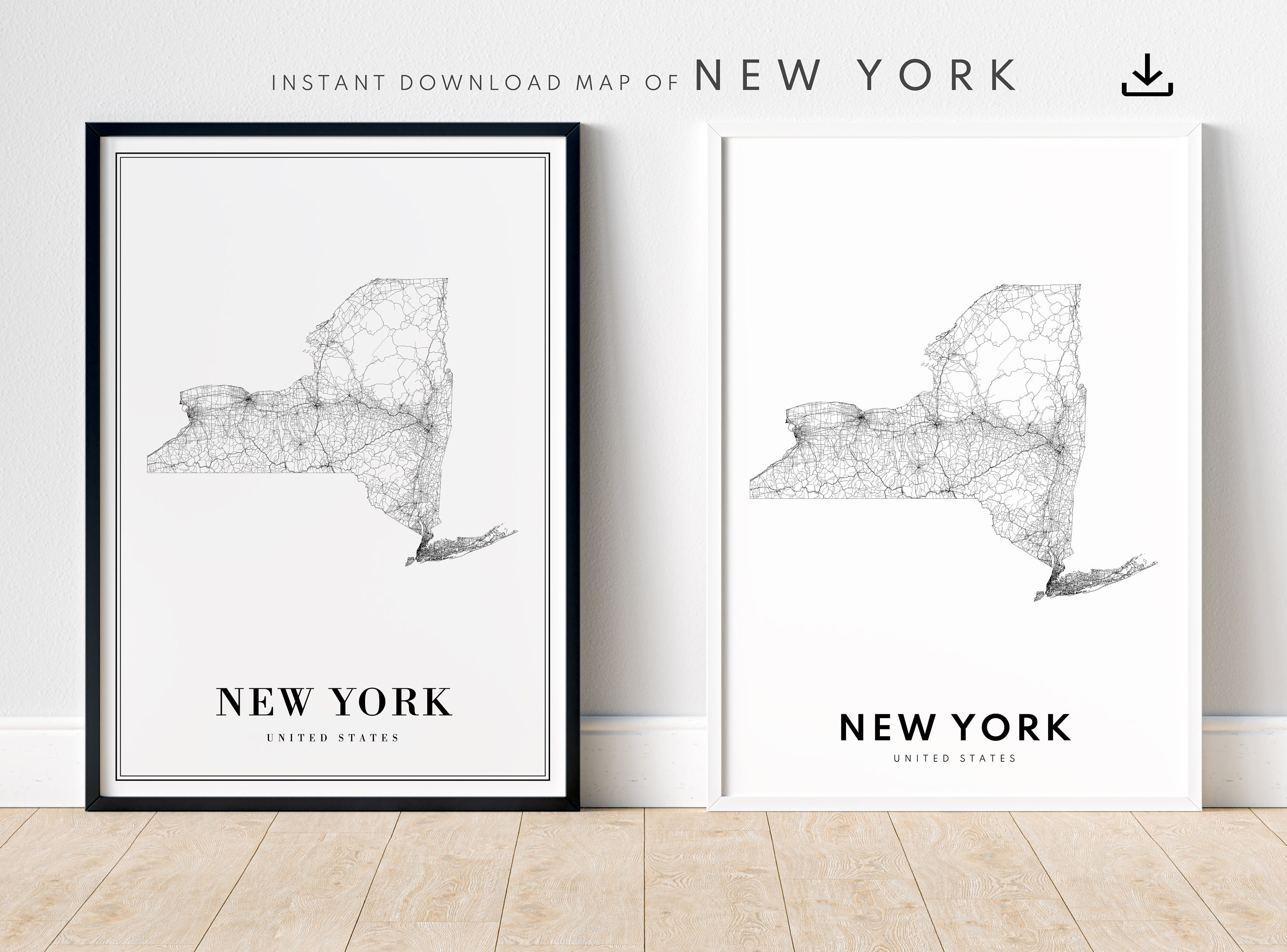 New York State Map Print Download New York Map Poster New York Printable Map Digital New York Black And White New York Map Sketch Print