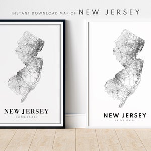 Carte de l'État du New Jersey, impression, téléchargement, affiche de carte du New Jersey, carte imprimable du New Jersey, carte numérique noir et blanc du New Jersey, art carte croquis du New Jersey