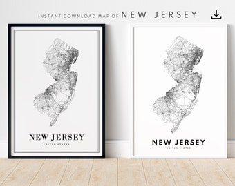 New Jersey State Map Print Download New Jersey Map Poster New Jersey Printable Map Digital New Jersey Black And White Map Art NJ Sketch Map