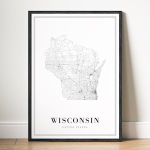 May include: A black and white print of a map of Wisconsin, United States. The map shows the state's roads and highways. The text "WISCONSIN" and "UNITED STATES" is printed below the map.