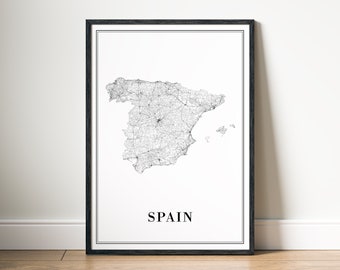 Carte de l'Espagne à télécharger, impression carte de l'Espagne, affiche à télécharger, carte de l'Espagne imprimable numérique, impression en noir et blanc, carte de l'Espagne à la maison, art mural Espagne