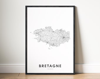 Impression de carte de la Bretagne, affiche de la carte de la Bretagne, France à télécharger, carte imprimable de la Bretagne, carte numérique de la Bretagne en noir et blanc, art mural Bretagne, croquis