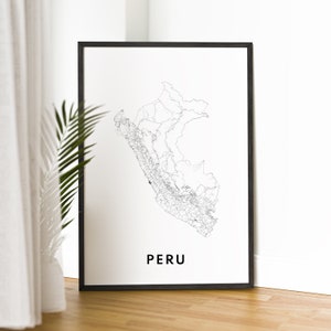 Impression de carte du Pérou à télécharger, carte du pays du Pérou, affiche de route, carte du Pérou imprimable numérique, art mural noir et blanc, impression de croquis du Pérou, affiche d'accueil