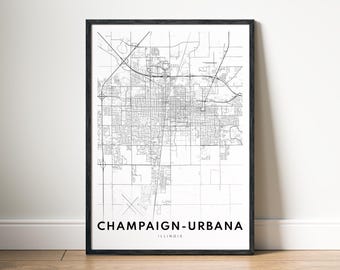 Affiche de carte de la ville de Champaign-Urbana en téléchargement numérique Carte de l'Illinois de Champaign Urbana Carte esthétique de Champaign imprimable en noir et blanc