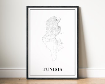 Impression de carte de la Tunisie, affiche de carte de la Tunisie à télécharger, carte imprimable de la Tunisie, carte numérique de la Tunisie en noir et blanc, art mural, croquis de la Tunisie, impression de carte