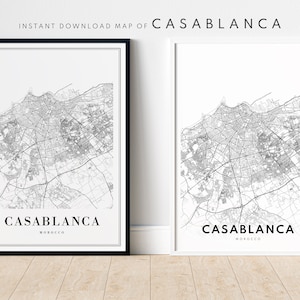 Impression de carte de Casablanca Affiche de carte de Casablanca Maroc à télécharger Carte de Casablanca imprimable Carte numérique en noir et blanc Art mural croquis Affiche de carte