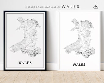 Wales Map Road Print Wales Map Poster Download Wales Printable Digital Wales Map Black And White Wales Print Home Wales Instant Download