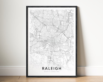Raleigh North Carolina City Map Art Print, Black and White (Digital Download)